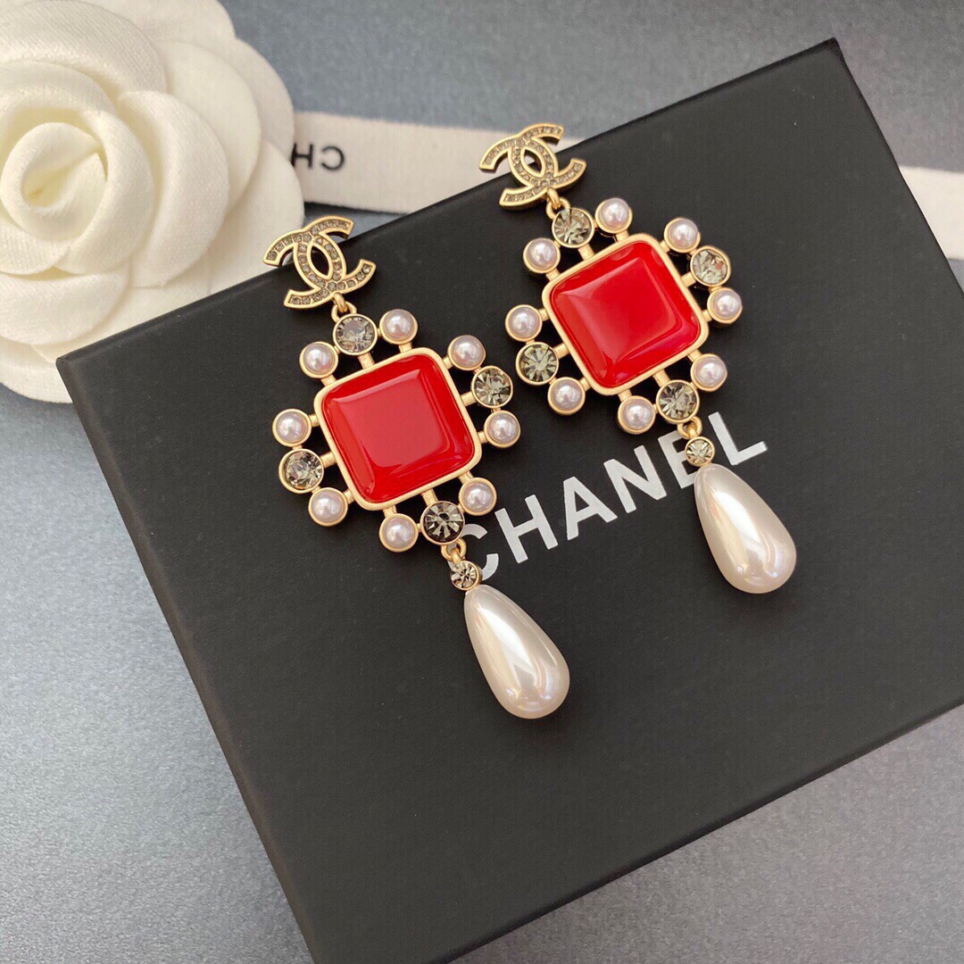 Chanel Dark Red Square Stone Earrings Gold Tone For Women - Image 6