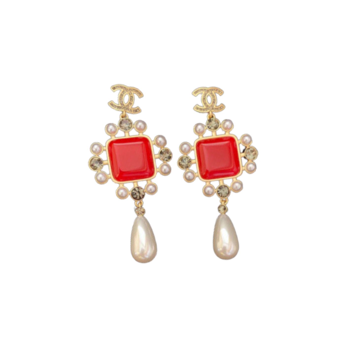 Chanel Dark Red Square Stone Earrings Gold Tone For Women
