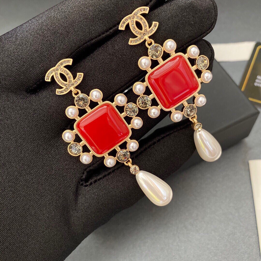 Chanel Dark Red Square Stone Earrings Gold Tone For Women - Image 4