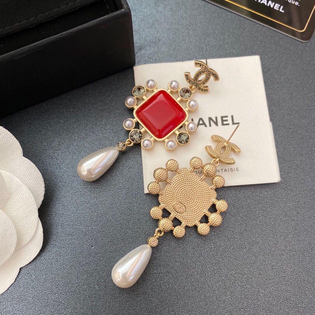 Chanel Dark Red Square Stone Earrings Gold Tone For Women - Image 3