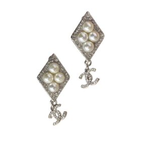 Chanel Double C Pendant Earrings Silver For Women