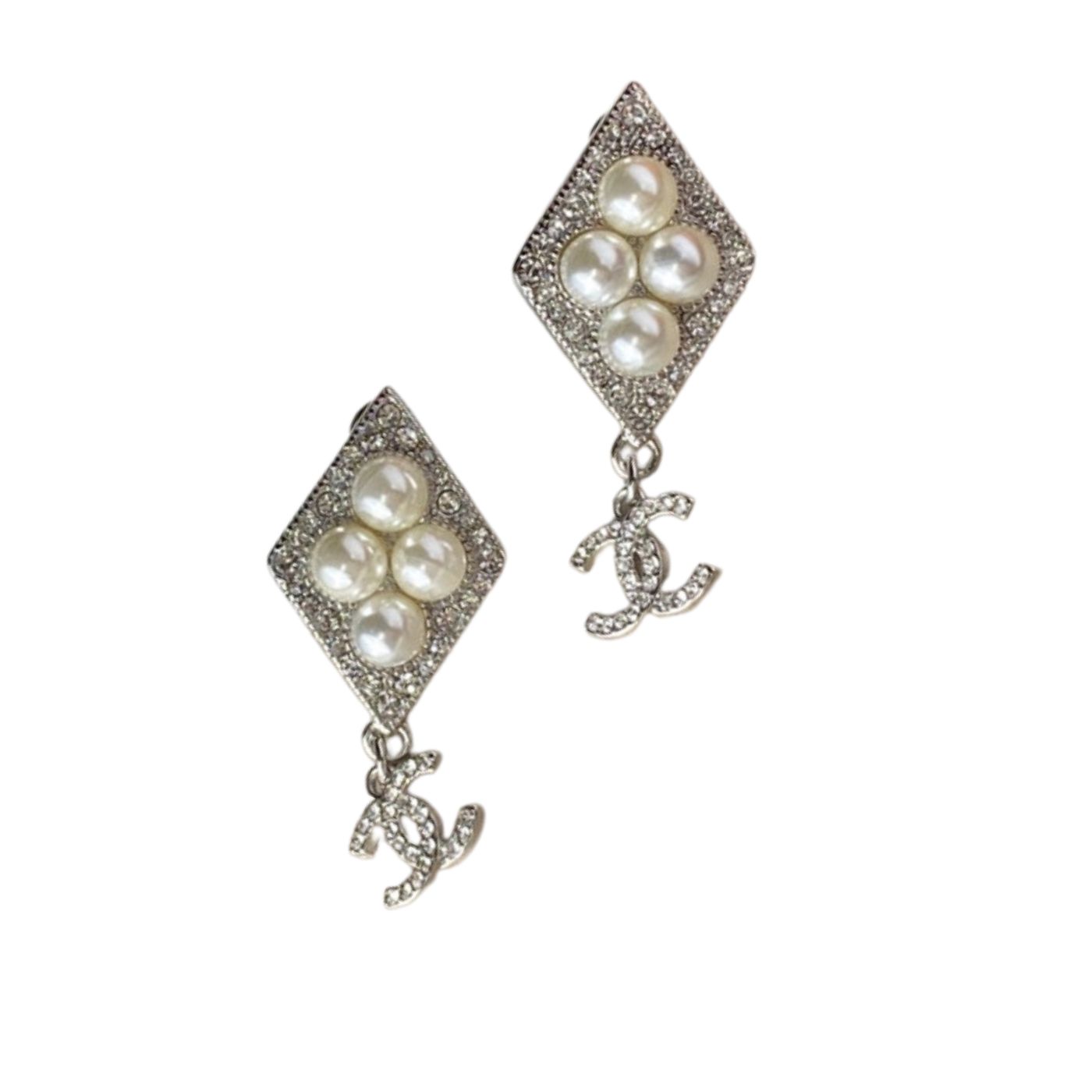 Chanel Double C Pendant Earrings Silver For Women