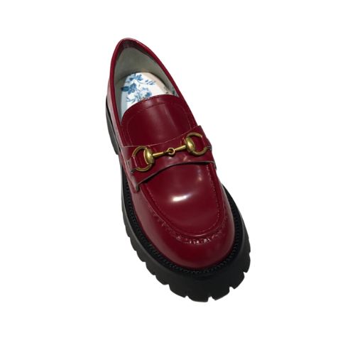 Gucci Lug Sole Horsebit Accent Loafers Burgundy For Women