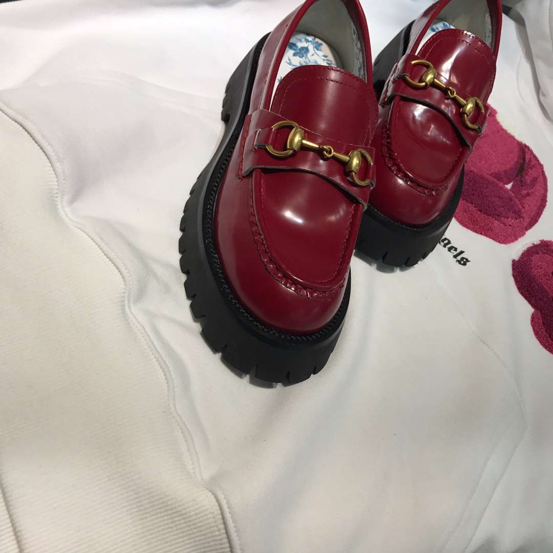 Gucci Lug Sole Horsebit Accent Loafers Burgundy For Women - Image 8