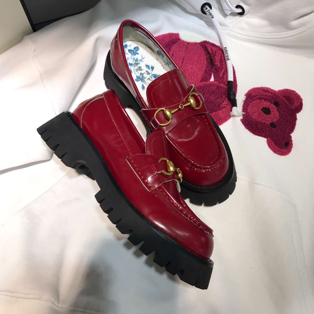 Gucci Lug Sole Horsebit Accent Loafers Burgundy For Women - Image 5