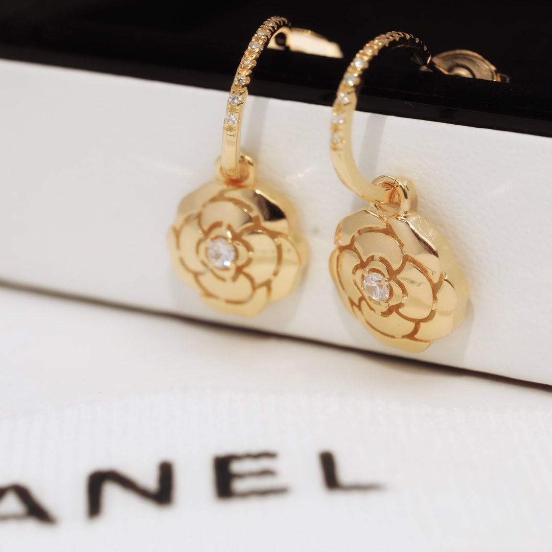 Chanel Hollow Camellia Earrings Gold For Women - Image 5