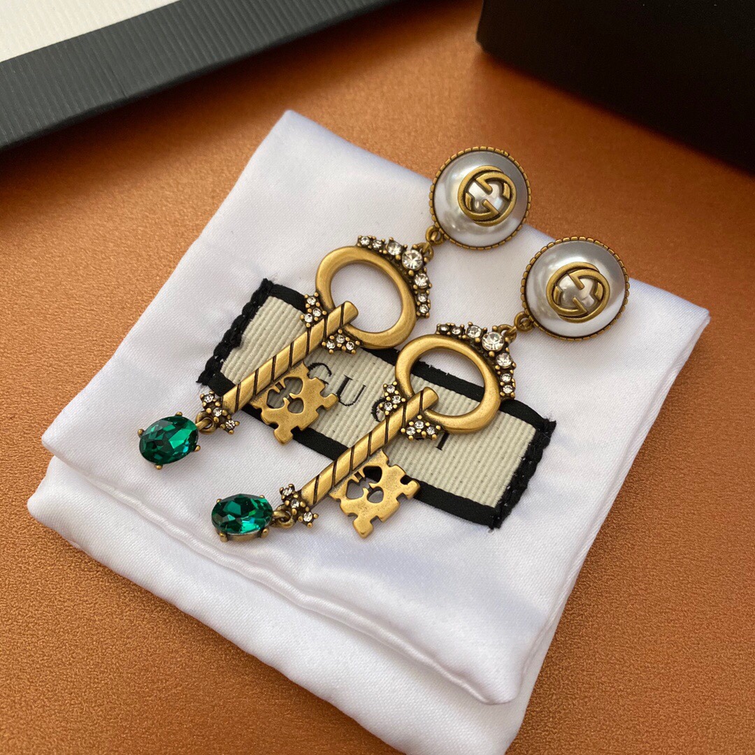 Gucci Key Green Stone Earrings Gold Tone For Women - Image 6