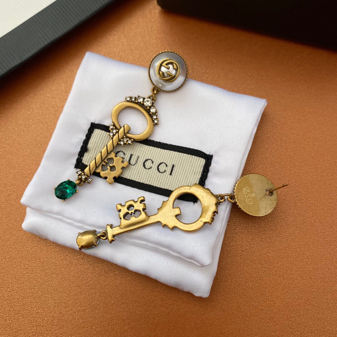 Gucci Key Green Stone Earrings Gold Tone For Women - Image 5