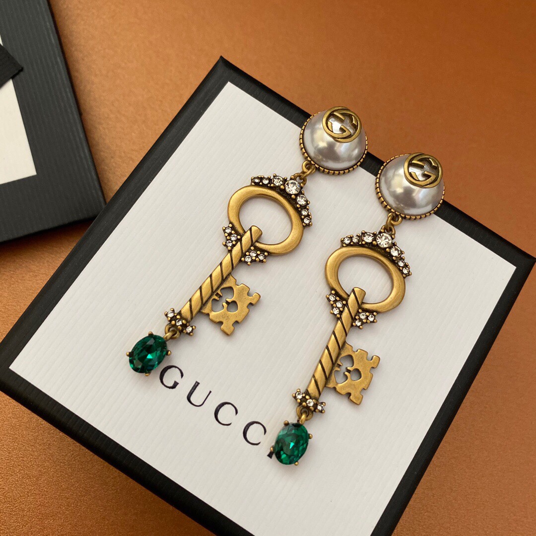 Gucci Key Green Stone Earrings Gold Tone For Women - Image 4