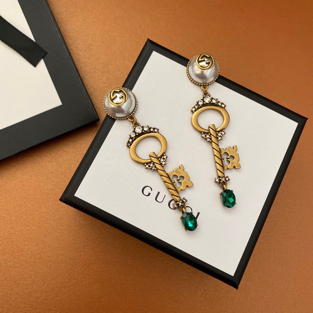 Gucci Key Green Stone Earrings Gold Tone For Women - Image 3