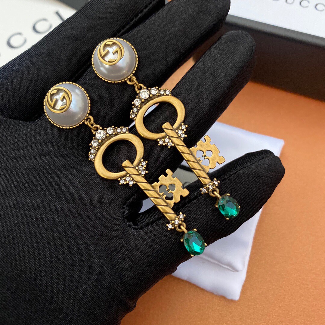Gucci Key Green Stone Earrings Gold Tone For Women - Image 2
