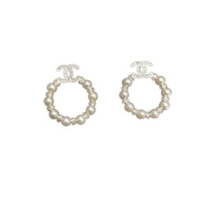Chanel Mini Pearl Border Circle Frame Earrings Gold Tone For Women