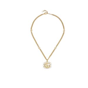 Gucci Mini Pearl Border Frame Pendant Necklace Gold Tone For Women