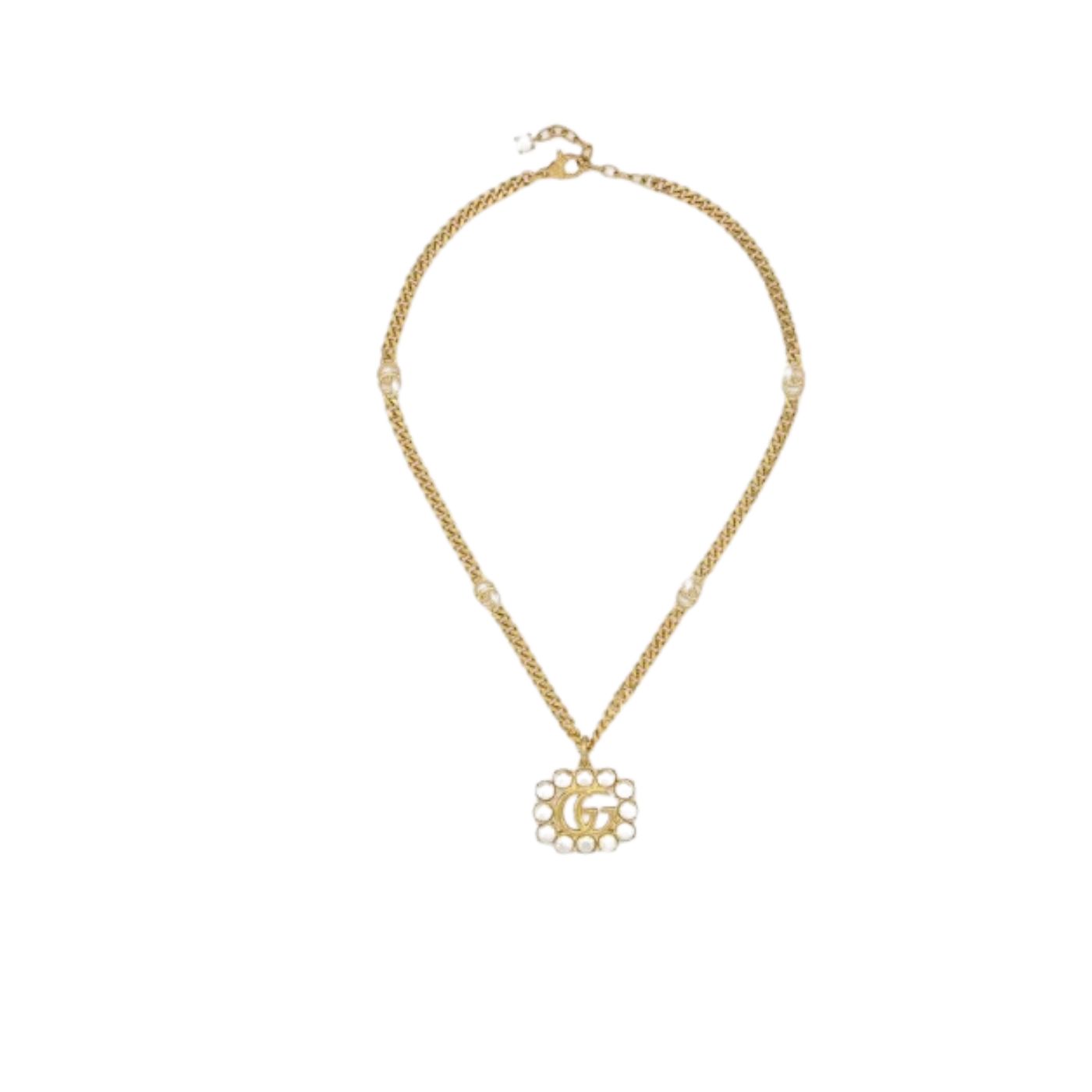 Gucci Mini Pearl Border Frame Pendant Necklace Gold Tone For Women