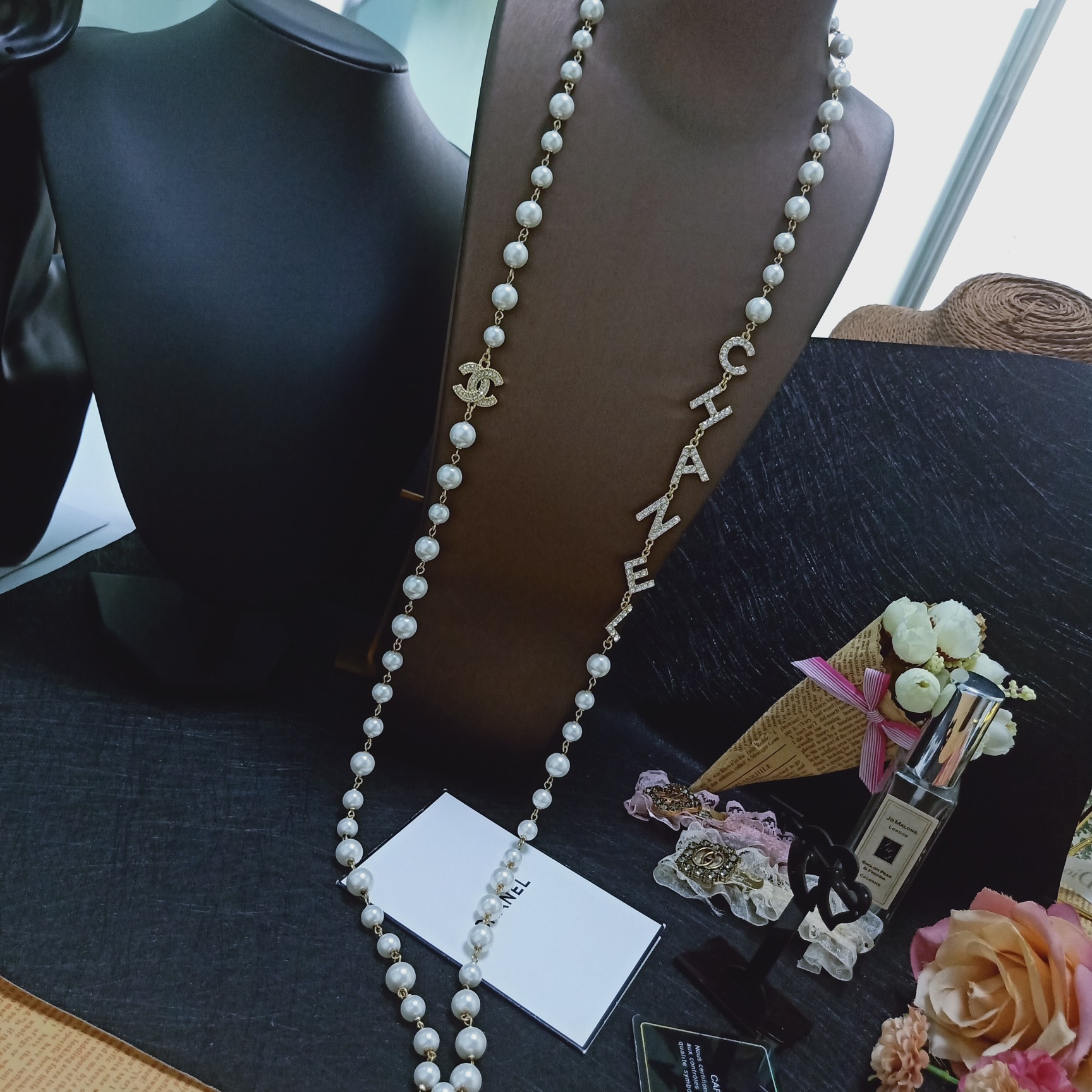 Chanel Multi Layered Letters Links Pearl Necklace White For Women - Image 4