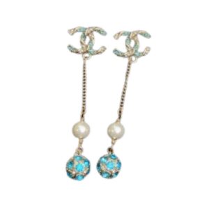 Chanel Pearl Long Earrings Jade Green For Women
