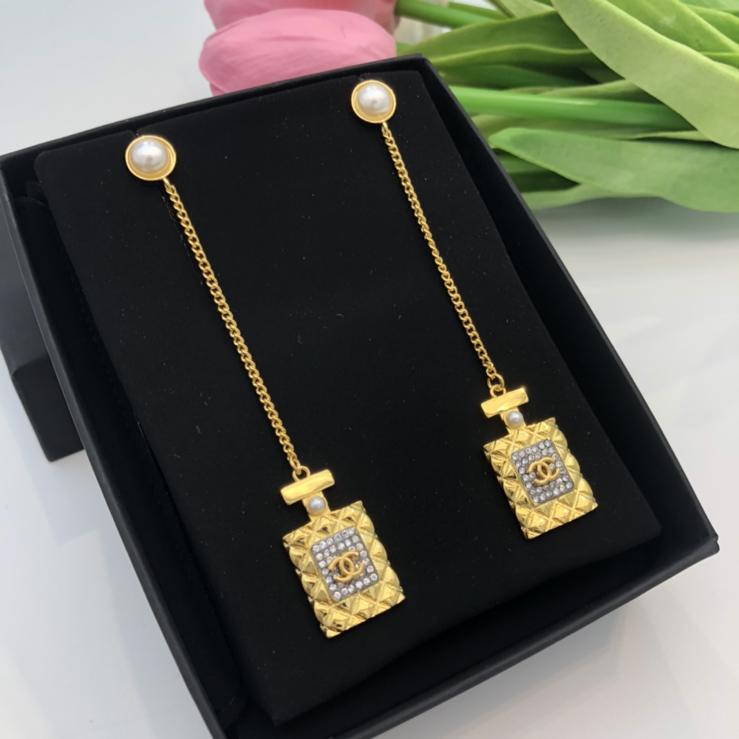 Chanel Perfume Bottle Heart Earrings Gold For Women - Image 3