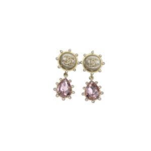 Chanel Purple Oval Stone Earrings Gold Tone For Women