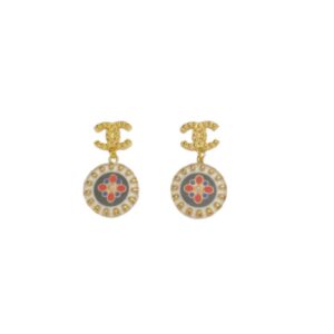 Chanel Red And Blue Pattern In Middle Circle Earrings Gold Tone For Women