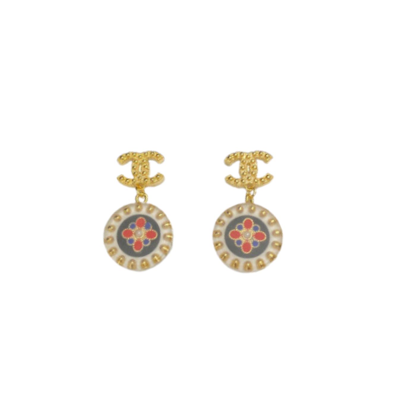 Chanel Red And Blue Pattern In Middle Circle Earrings Gold Tone For Women