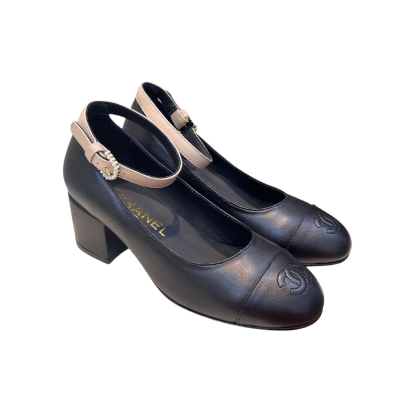 Chanel Round Buckle Strap Pearl Mary Jane Black For Women