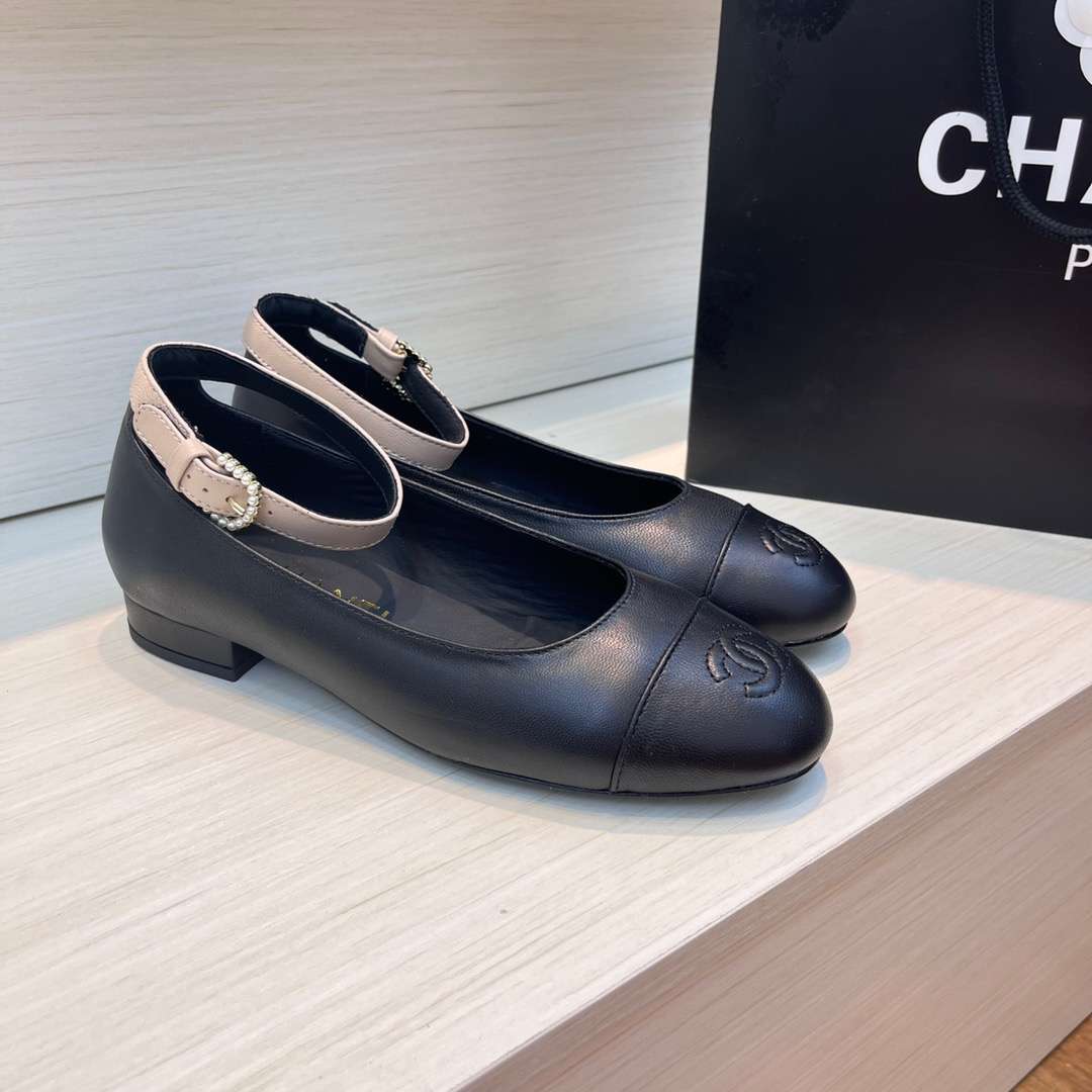 Chanel Round Toe Flats Buckle Strap Pearl Black For Women - Image 9