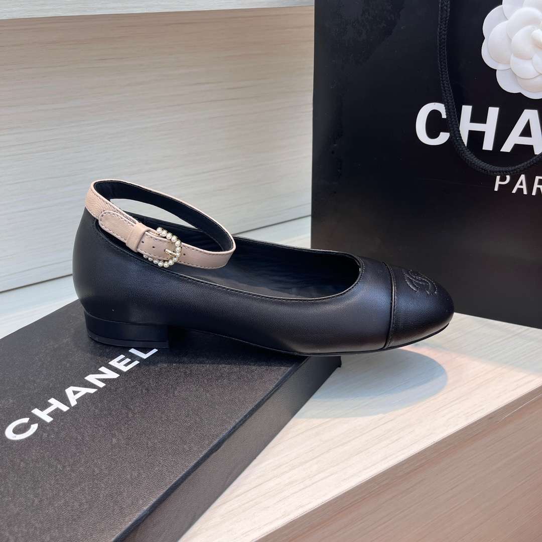 Chanel Round Toe Flats Buckle Strap Pearl Black For Women - Image 8