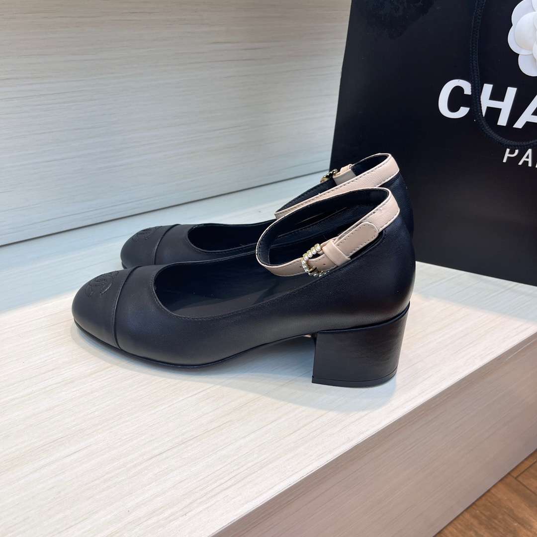 Chanel Round Buckle Strap Pearl Mary Jane Black For Women - Image 6