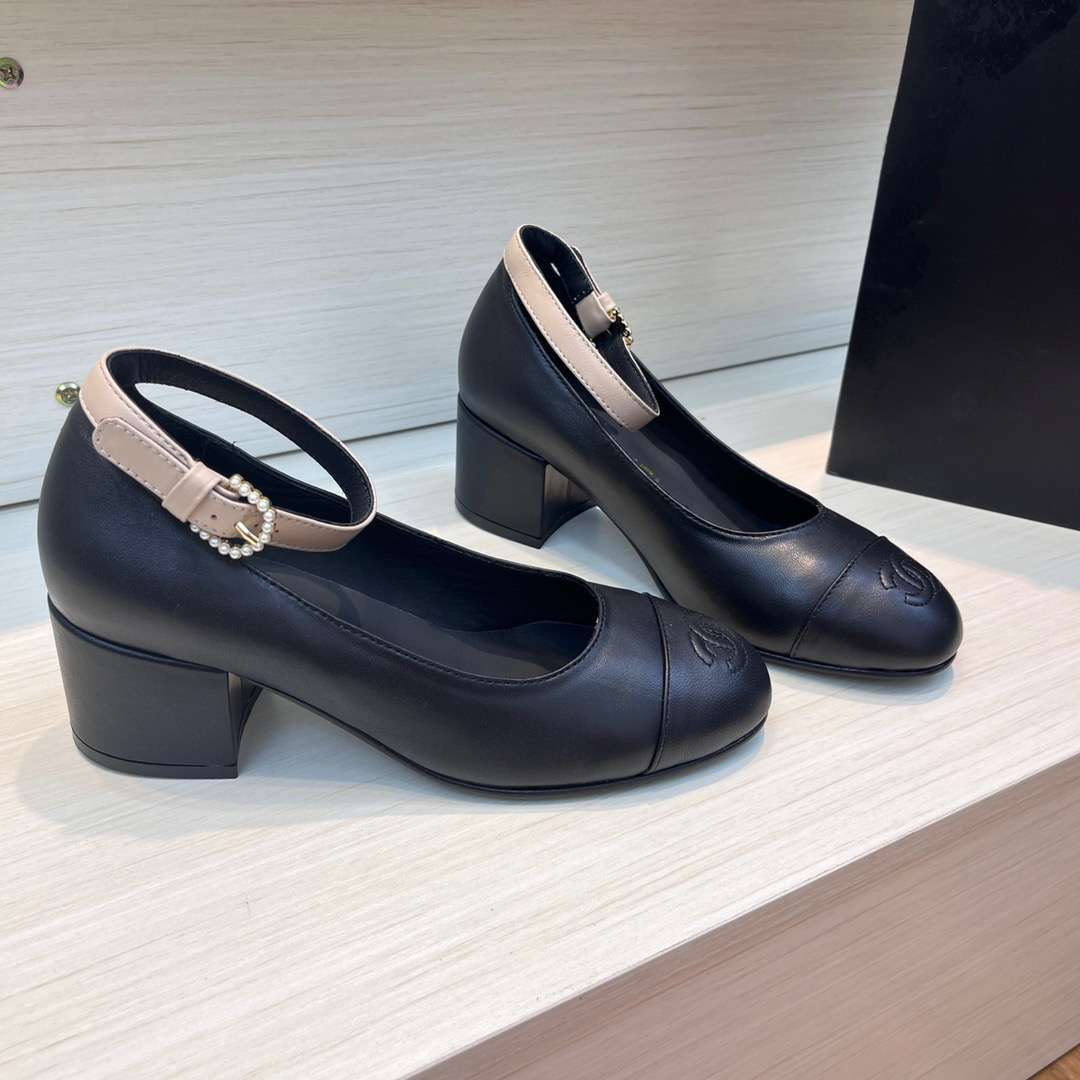 Chanel Round Buckle Strap Pearl Mary Jane Black For Women - Image 5