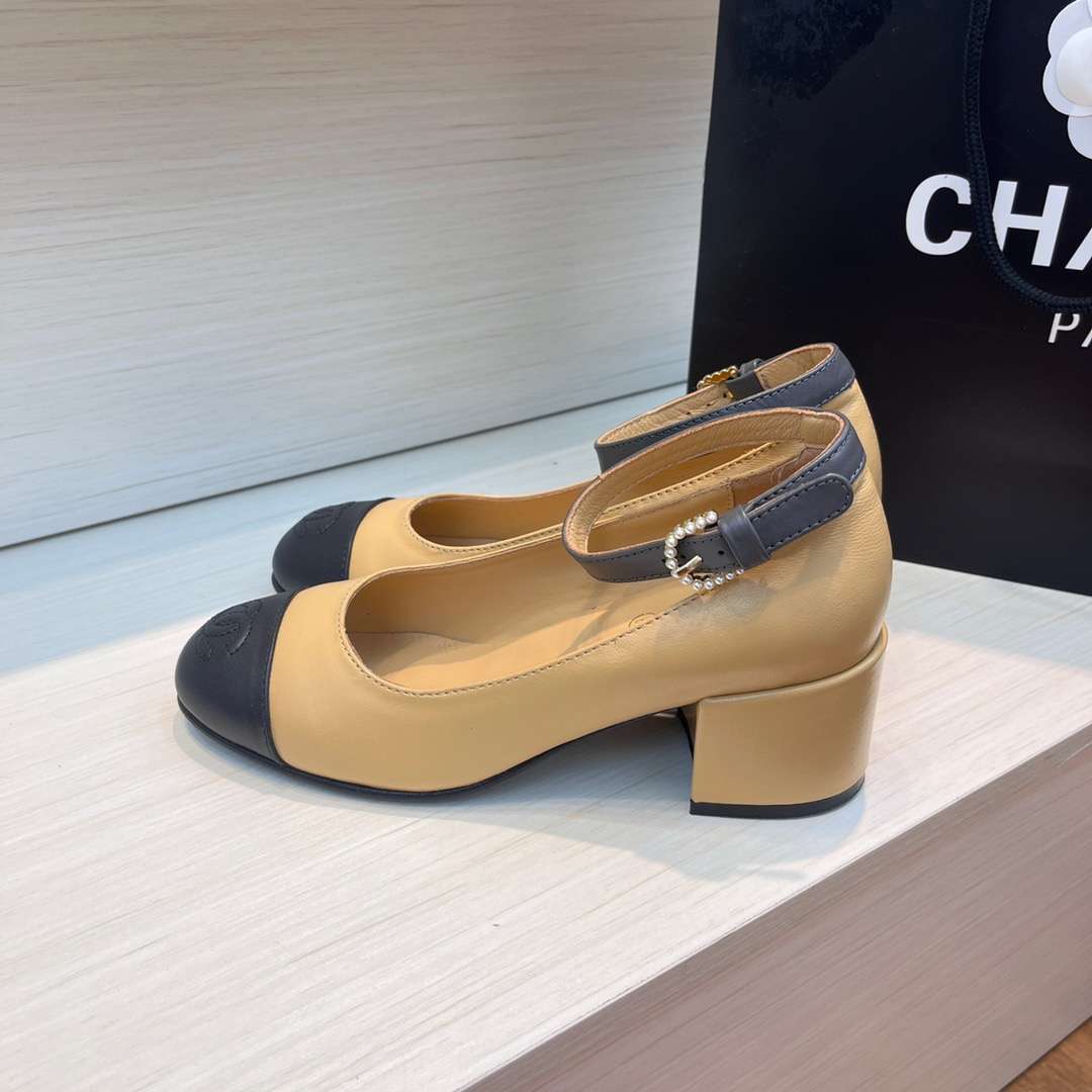 Chanel Round Buckle Strap Pearl Mary Jane Beige For Women - Image 4