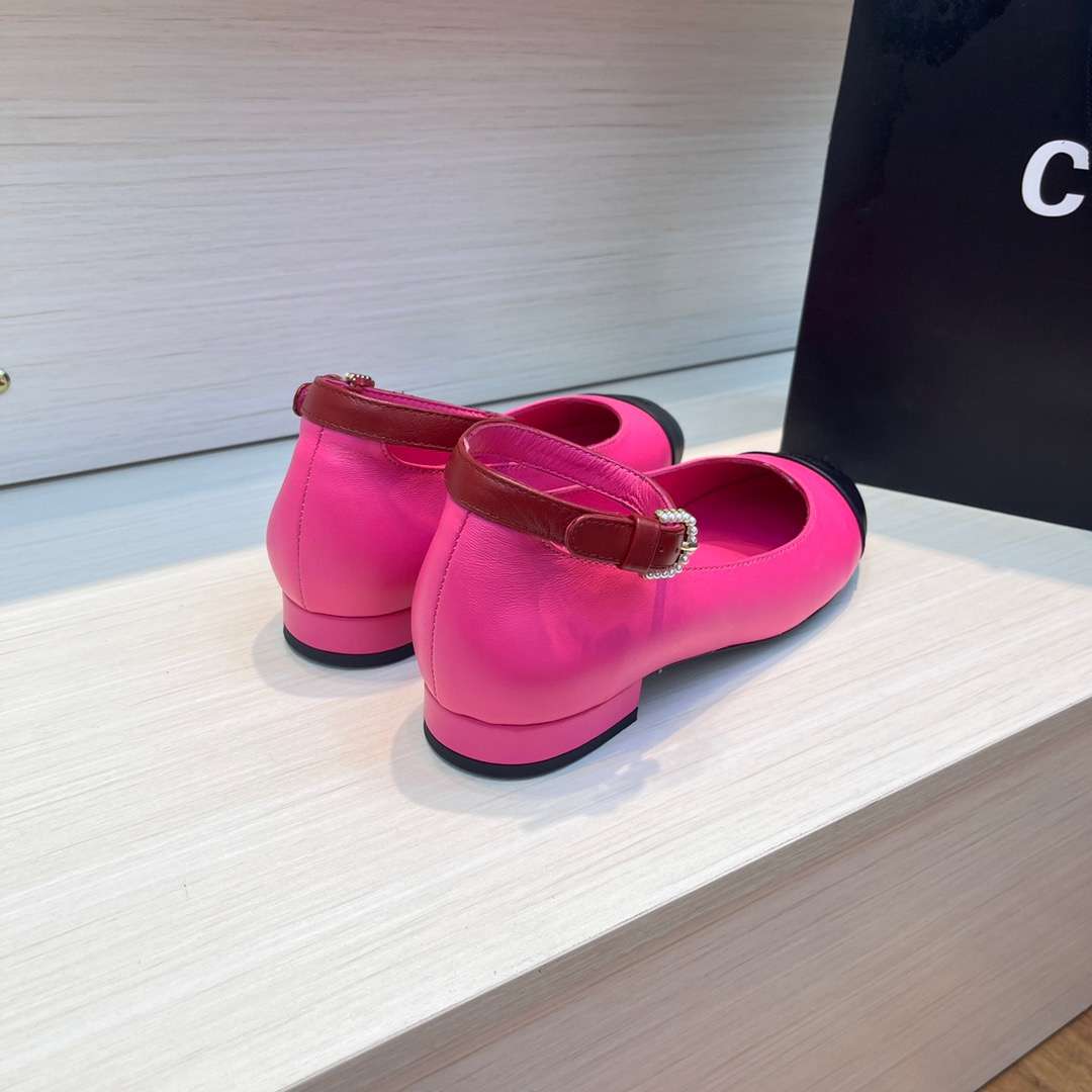 Chanel Round Toe Flats Buckle Strap Pearl Pink For Women - Image 10