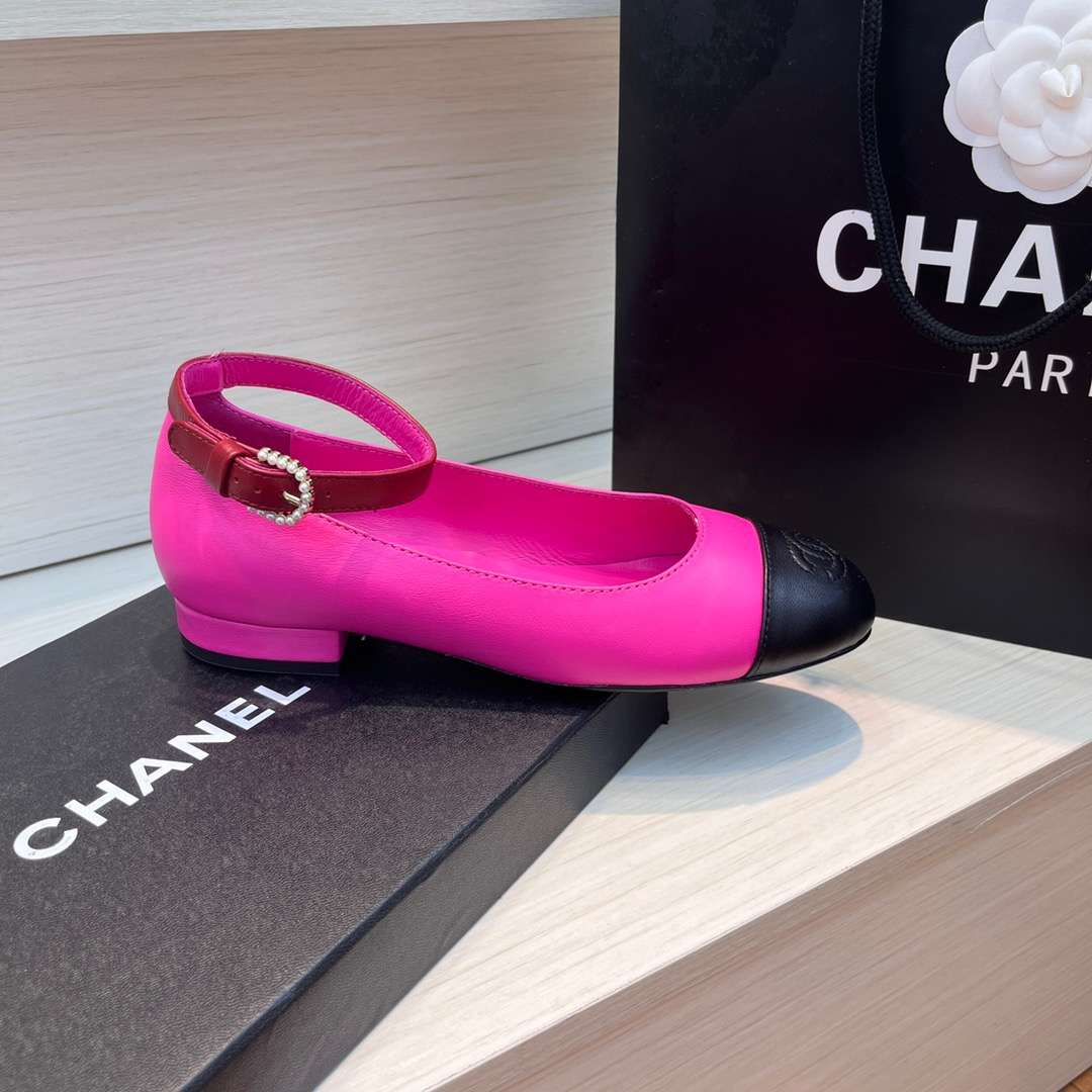 Chanel Round Toe Flats Buckle Strap Pearl Pink For Women - Image 7