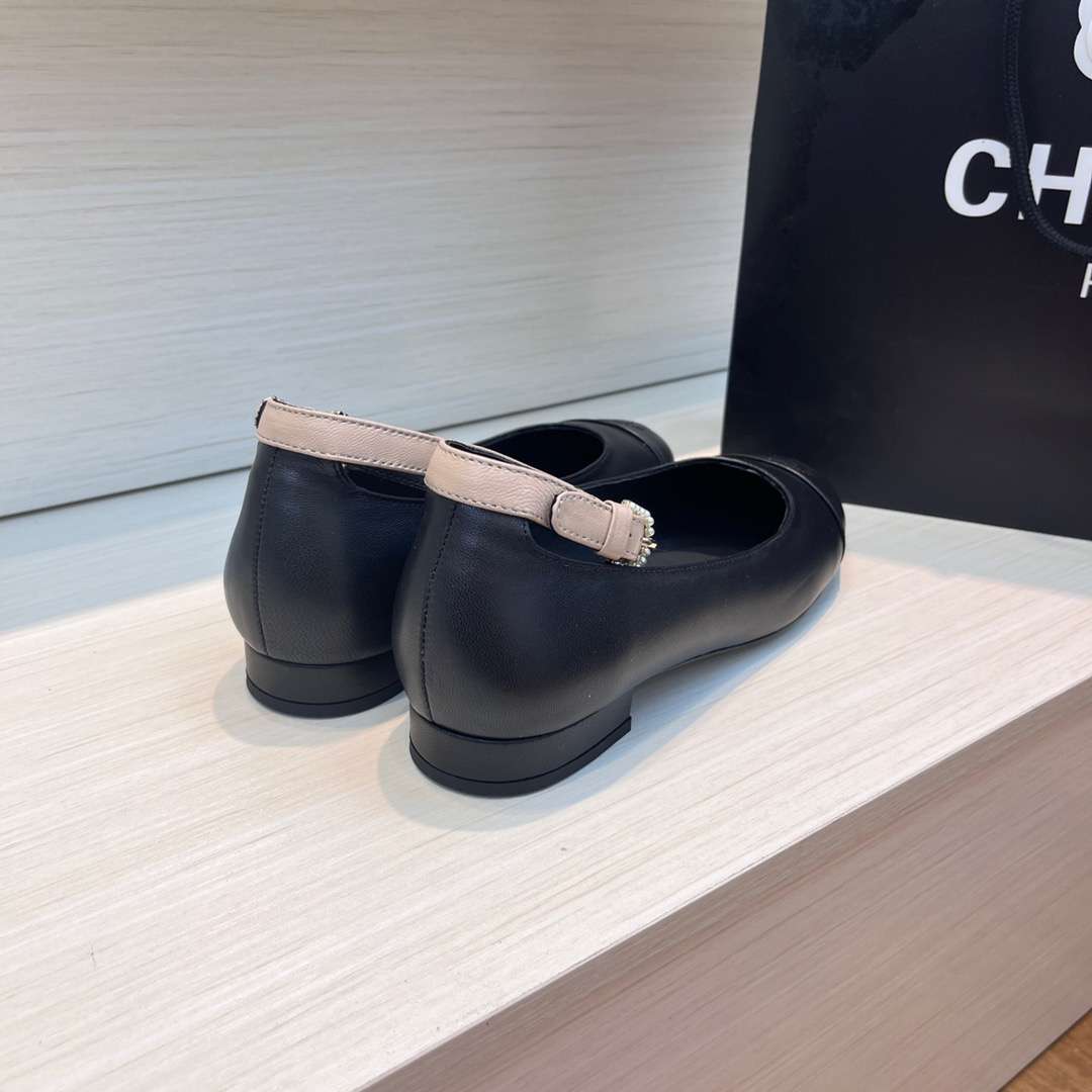 Chanel Round Toe Flats Buckle Strap Pearl Black For Women - Image 7