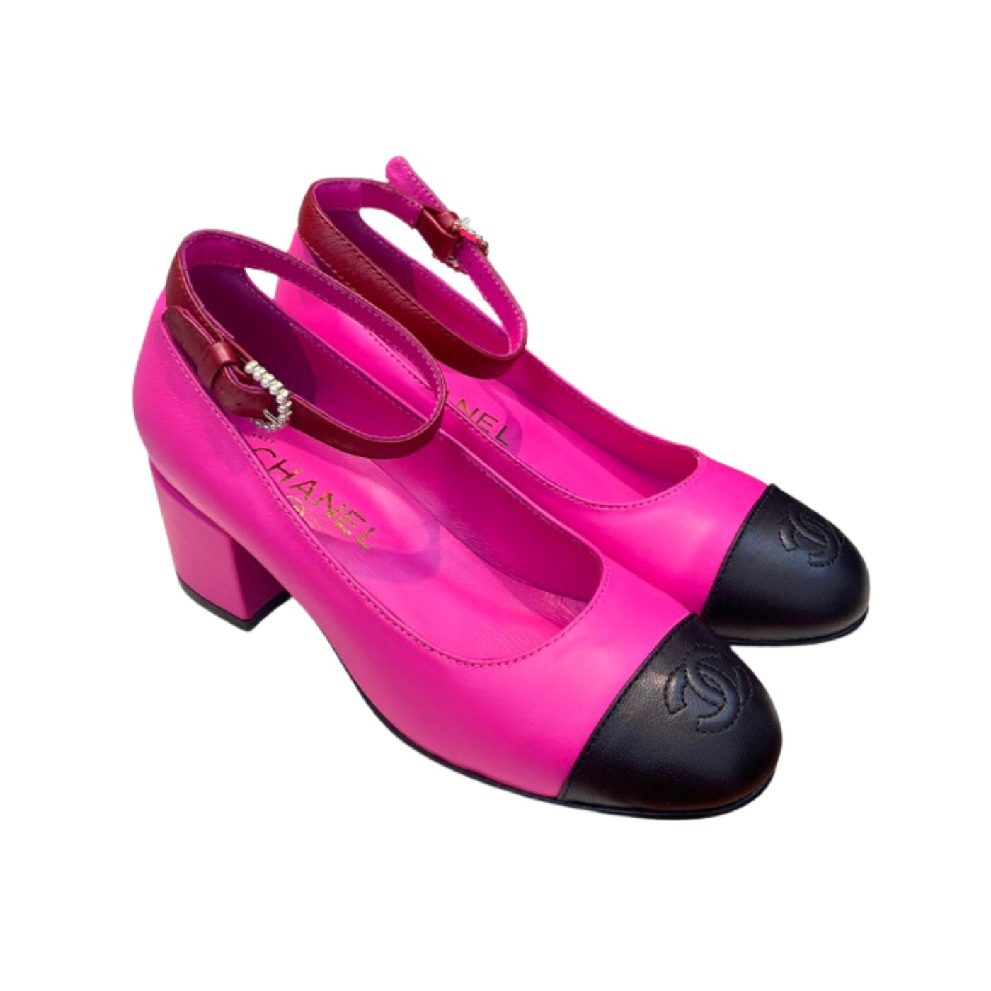 Chanel Round Buckle Strap Pearl Mary Jane Pink For Women