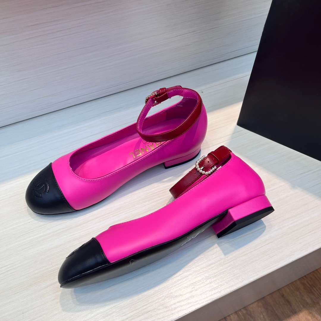 Chanel Round Toe Flats Buckle Strap Pearl Pink For Women - Image 8