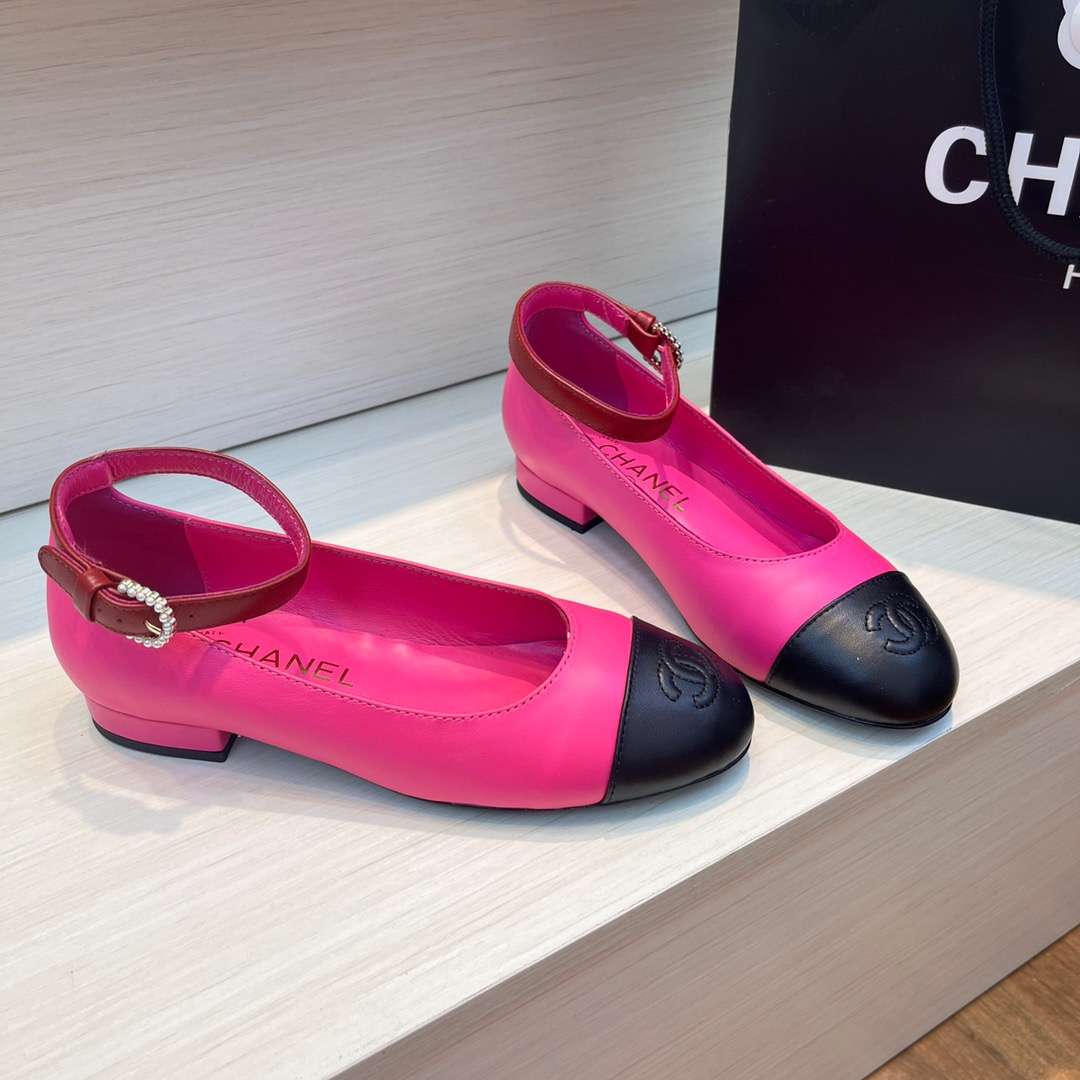 Chanel Round Toe Flats Buckle Strap Pearl Pink For Women - Image 6