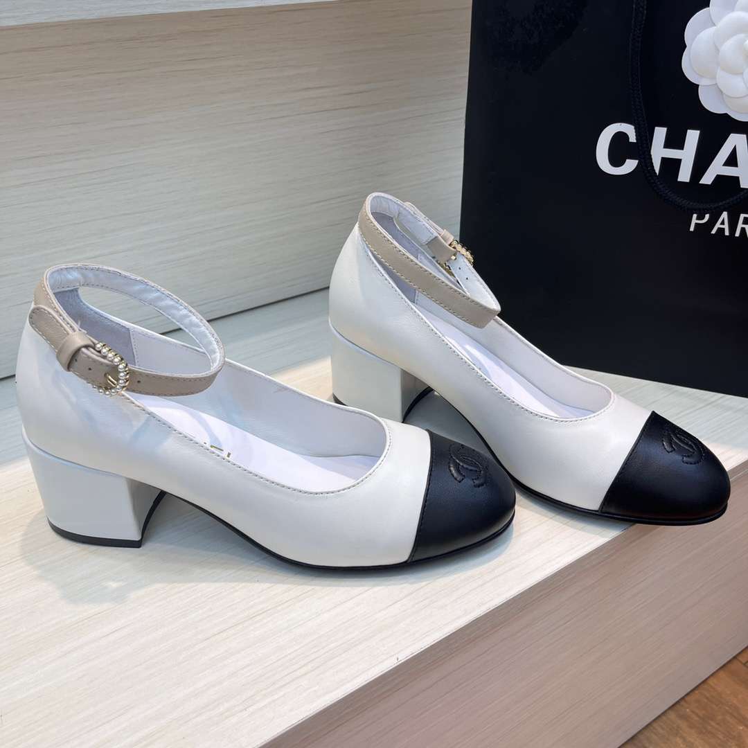 Chanel Round Buckle Strap Pearl Mary Jane White For Women - Image 7