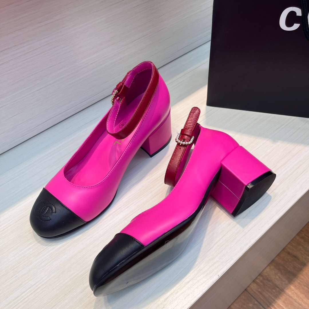 Chanel Round Buckle Strap Pearl Mary Jane Pink For Women - Image 5