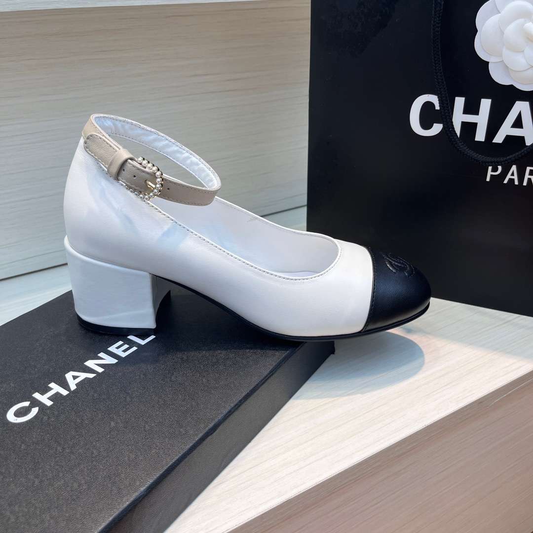 Chanel Round Buckle Strap Pearl Mary Jane White For Women - Image 5