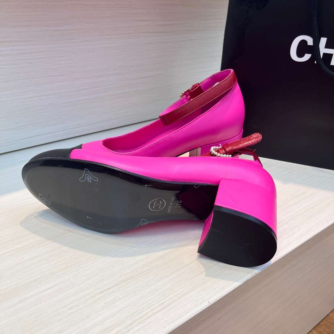 Chanel Round Buckle Strap Pearl Mary Jane Pink For Women - Image 6