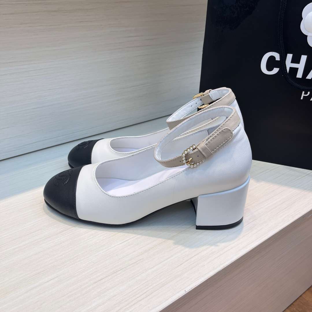 Chanel Round Buckle Strap Pearl Mary Jane White For Women - Image 6