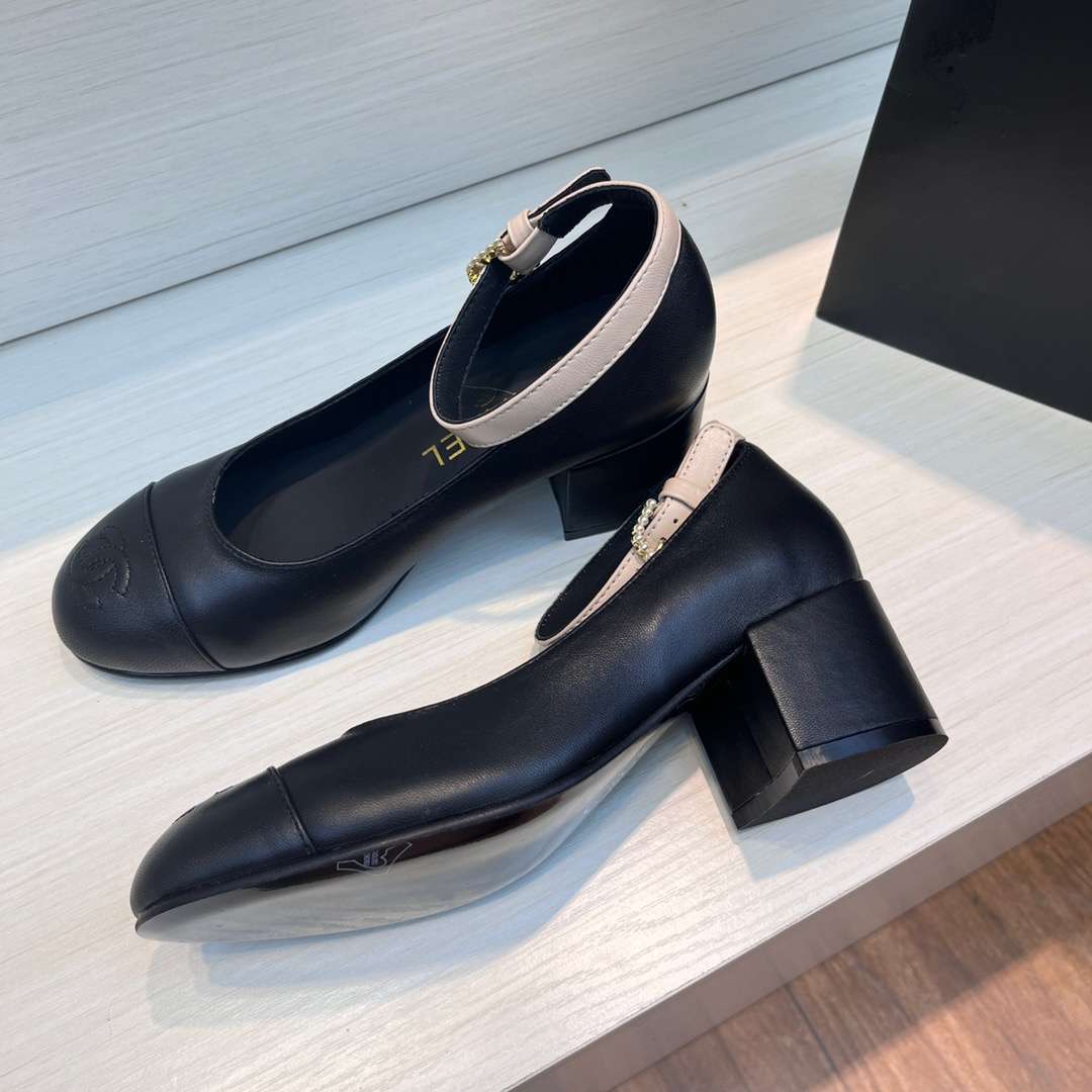 Chanel Round Buckle Strap Pearl Mary Jane Black For Women - Image 3