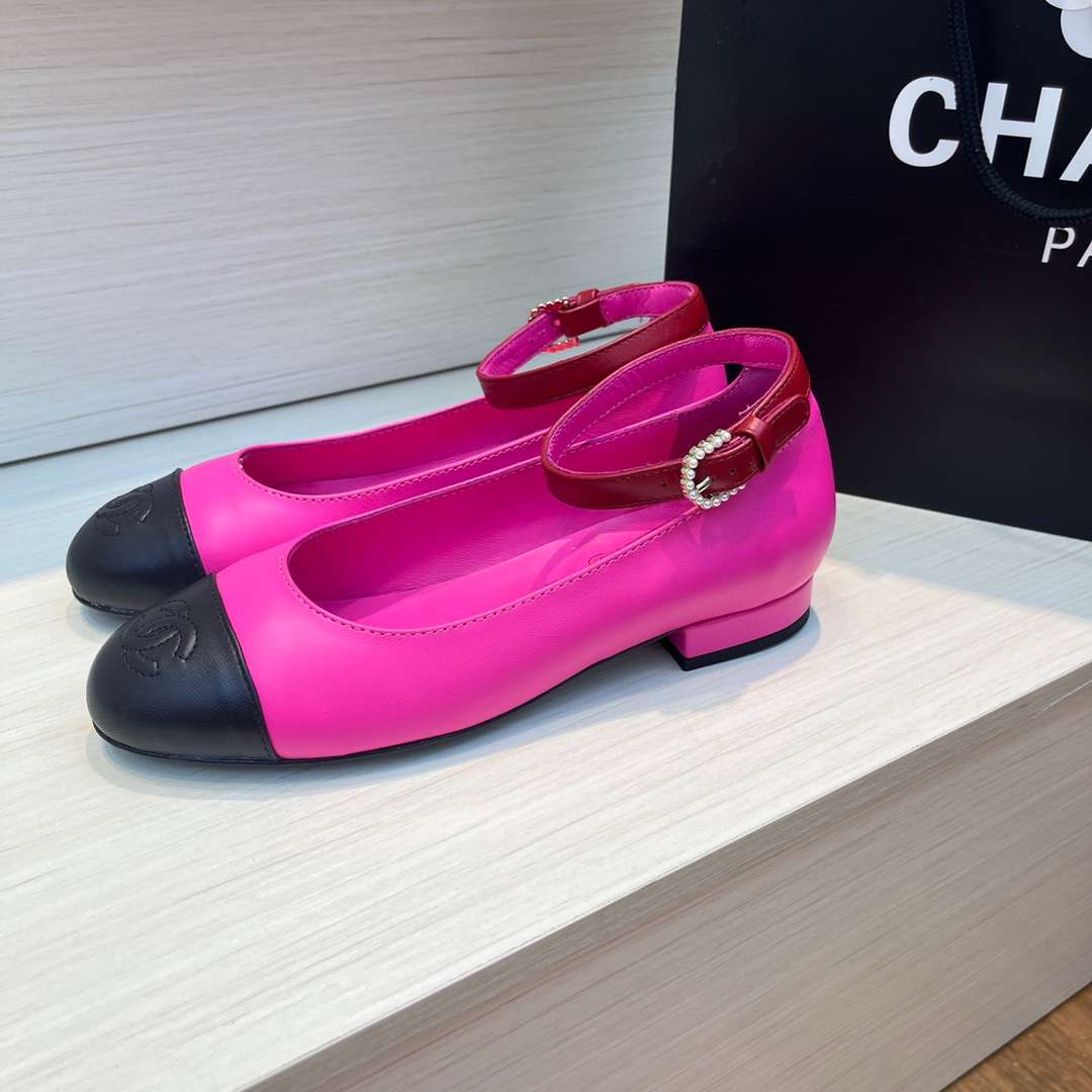 Chanel Round Toe Flats Buckle Strap Pearl Pink For Women - Image 5