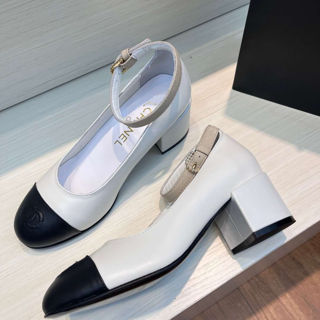 Chanel Round Buckle Strap Pearl Mary Jane White For Women - Image 4