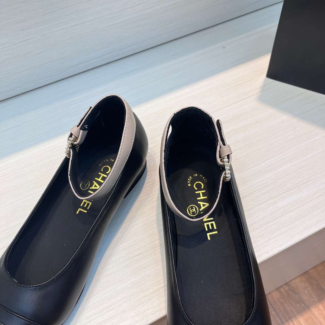 Chanel Round Toe Flats Buckle Strap Pearl Black For Women - Image 5