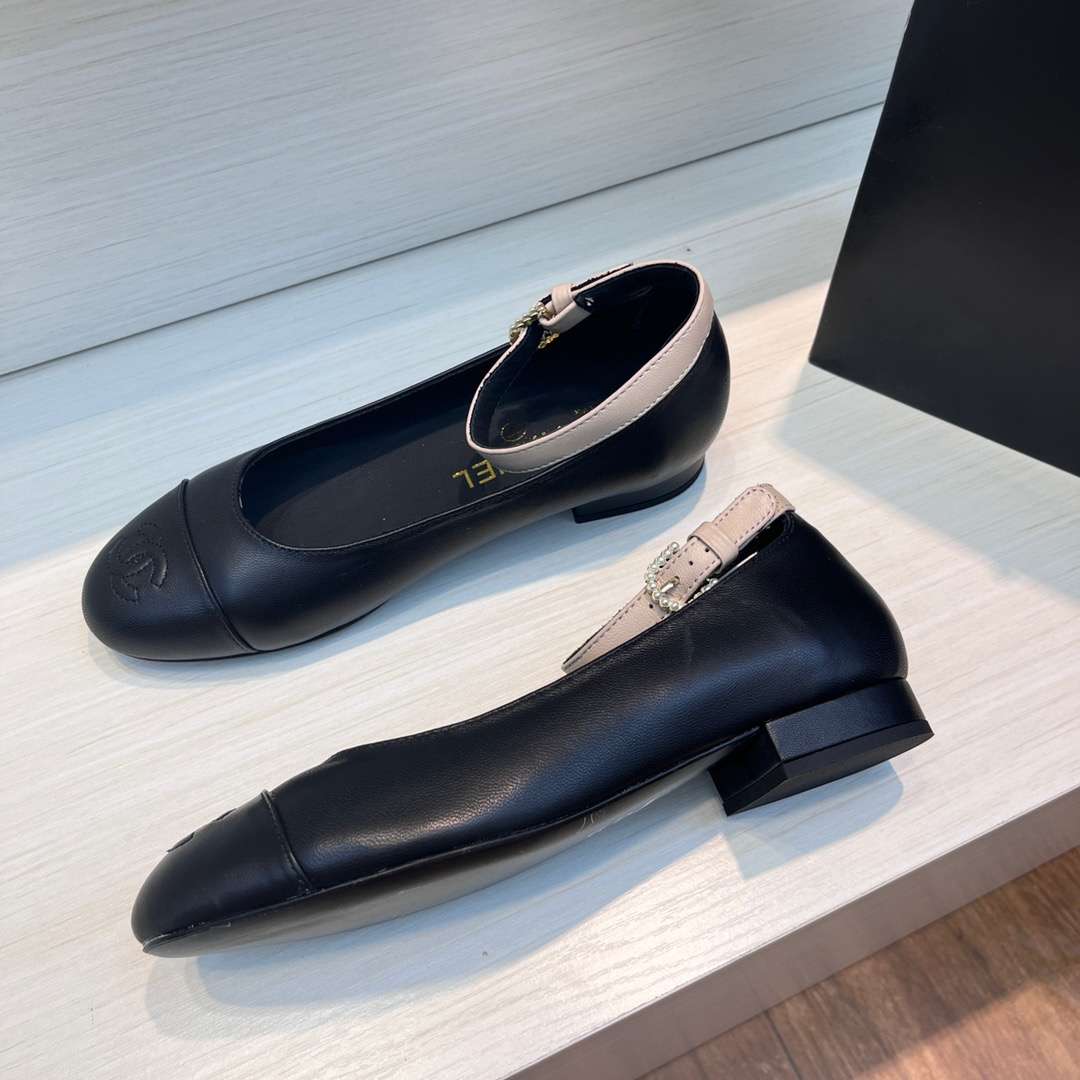 Chanel Round Toe Flats Buckle Strap Pearl Black For Women - Image 3