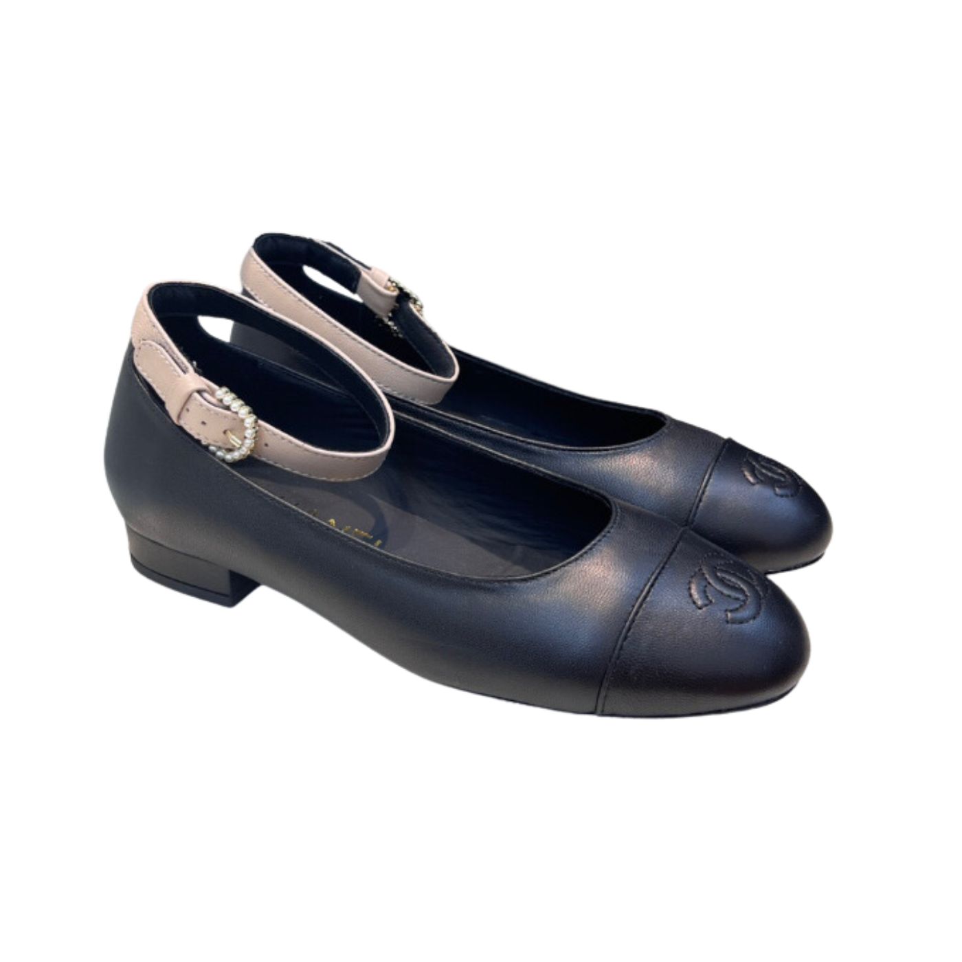 Chanel Round Toe Flats Buckle Strap Pearl Black For Women