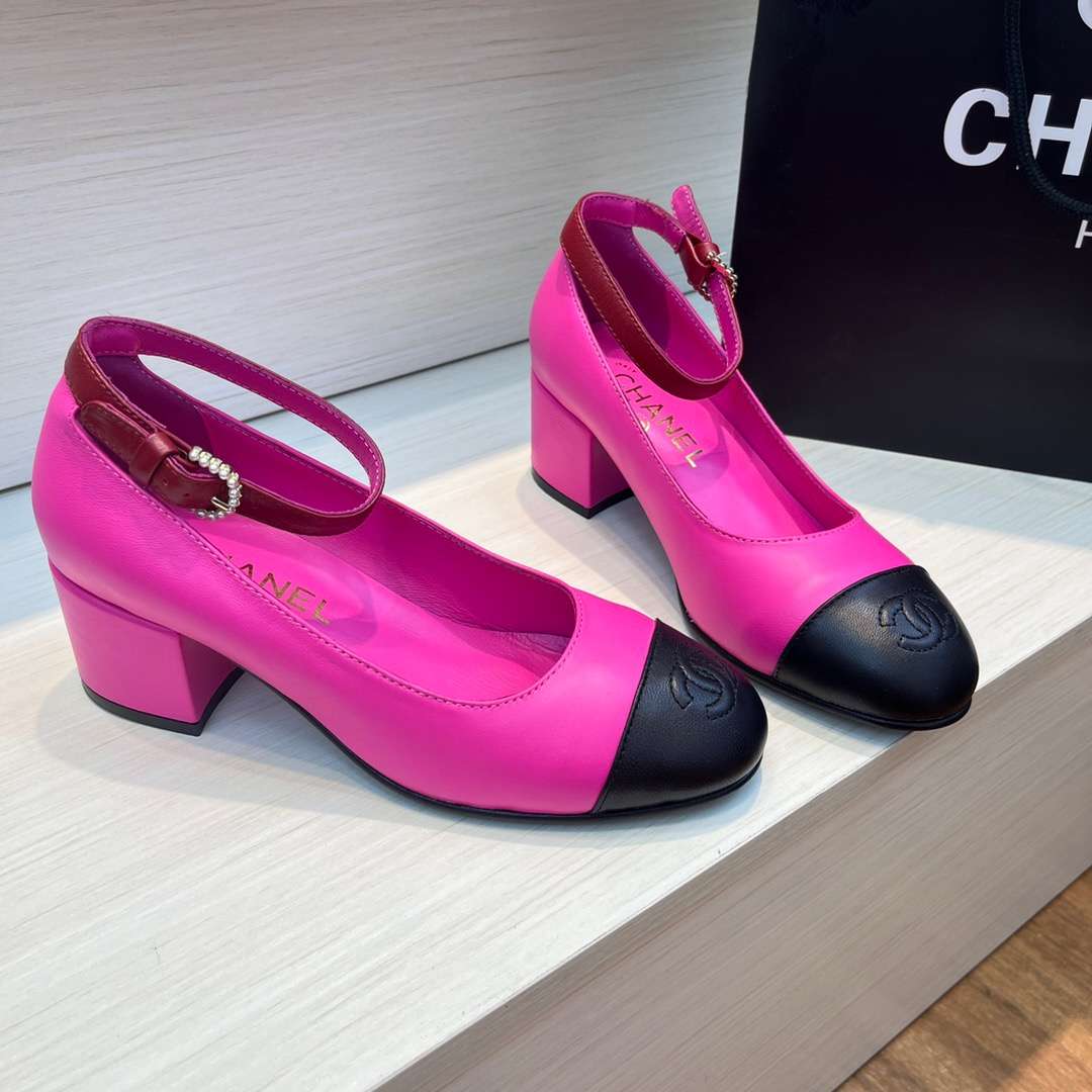 Chanel Round Buckle Strap Pearl Mary Jane Pink For Women - Image 3