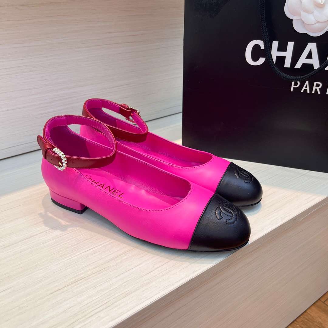 Chanel Round Toe Flats Buckle Strap Pearl Pink For Women - Image 4
