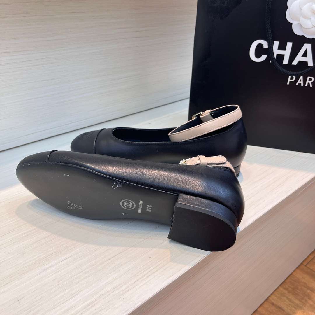 Chanel Round Toe Flats Buckle Strap Pearl Black For Women - Image 2